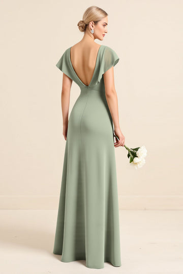 Matcha Fourreau Col en V Manches Longues Robe de demoiselle d’honneur avec fente